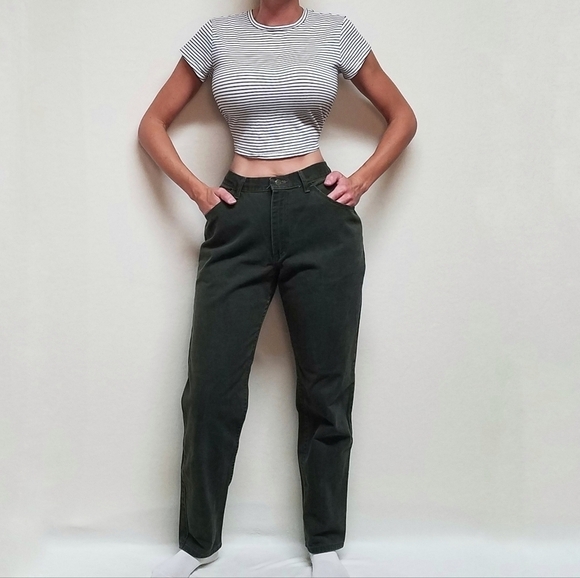 VINTAGE Wrangler Dark Olive Green Denim Jeans High Waisted Tapered Leg Cotton - Picture 2 of 11
